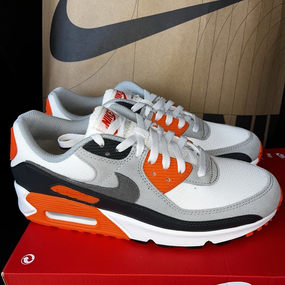 NEW Nike Air Max 90 White Safety Orange Black DM0029 108 Men’s Sizes